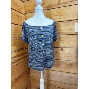 Retrology Navy White Striped Button Front Off Shoulder Knit Top Small RN114186